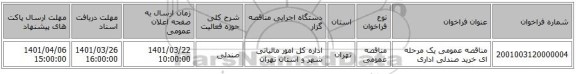 مناقصه، مناقصه عمومی یک مرحله ای خرید صندلی اداری