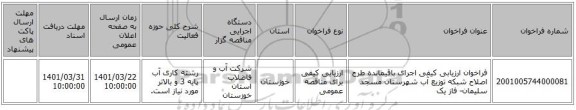 مناقصه، فراخوان ارزیابی کیفی اجرای باقیمانده طرح اصلاح شبکه توزیع آب شهرستان مسجد سلیمان- فاز یک