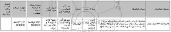 مناقصه، فراخوان ارزیابی کیفی اجرای خط انتقال آب و تکمیل سازه ها و ساختمان ها و محوطه سازی تاسیسات آبرسانی قلعه سحر شهرستان اهواز
