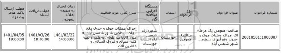 مناقصه، مناقصه عمومی یک مرحله ای اجرای عملیات جوی و جدول دفع آبهای سطحی شهر شمس آباد