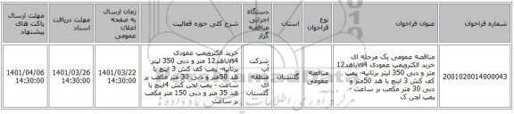 مناقصه، مناقصه عمومی یک مرحله ای خرید الکتروپمپ عمودی vs4باهد12 متر و دبی 350 لیتر برثانیه- پمپ کف کش 3 اینچ با هد 50متر و دبی 30 متر مکعب بر ساعت - پمپ لجن ک