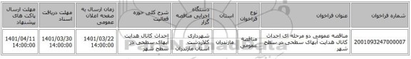 مناقصه، مناقصه عمومی دو مرحله ای احداث کانال هدایت آبهای سطحی در سطح شهر