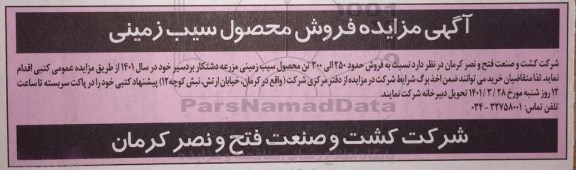 مزایده فروش حدود  250 الی 300 تن محصول سیب زمینی مزرعه دشتکار