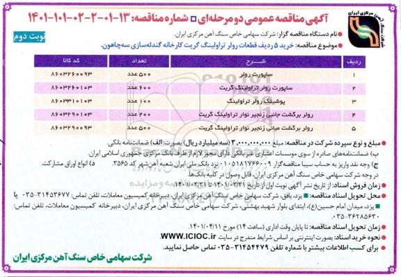 مناقصه خرید 5 ردیف قطعات رولر تراولینگ گریت کارخانه گندله سازی سه چاهون - نوبت دوم 