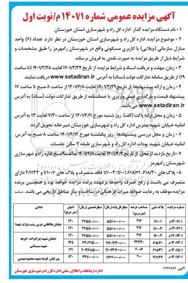 مزایده فروش تعداد 6 واحد منازل سازمانی ویلایی با کاربری مسکونی
