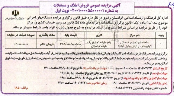 مزایده فروش ساختمان تجاری خدماتی