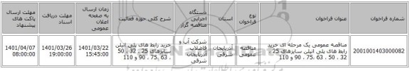 مناقصه، مناقصه عمومی یک مرحله ای خرید رابط های پلی اتیلن سایزهای 25 ، 32 ، 50 ، 63 ،75 ، 90 و 110