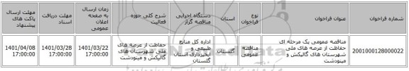 مناقصه، مناقصه عمومی یک مرحله ای حفاظت از عرصه های ملی شهرستان های گالیکش و مینودشت