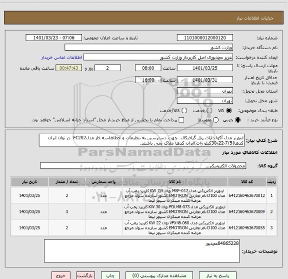 استعلام اینورتر مدل آکوا دارای پنل گرافیکال  جهت دسترسی به تنظیمات و خطاهاسه فاز مدلFC202 -در توان ایران کدها(7/5-22و30کیلو وات)ایران کدها ملاک نمی باشند.