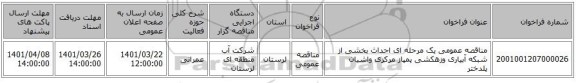 مناقصه، مناقصه عمومی یک مرحله ای احداث بخشی از شبکه آبیاری وزهکشی پمپاز مرکزی واشیان پلدختر