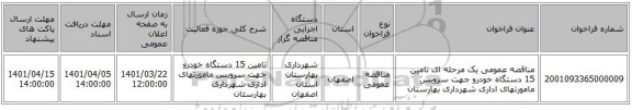 مناقصه، مناقصه عمومی یک مرحله ای تامین 15 دستگاه خودرو جهت سرویس مامورتهای اداری شهرداری بهارستان