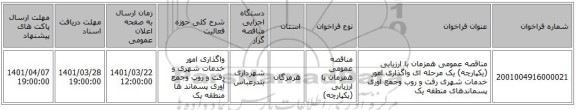 مناقصه، مناقصه عمومی همزمان با ارزیابی (یکپارچه) یک مرحله ای واگذاری امور خدمات شهری رفت و روب وجمع اوری پسماندهای منطقه یک