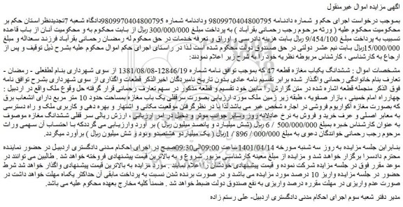 مزایده فروش ششدانگ یکباب مغازه قطعه 47  