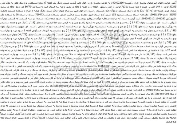 آگهی مزایده شش دانگ یک قطعه آپارتمان مسکونی نوع ملک طلق به پلاک ثبتی 30245 فرعی از 149 اصلی