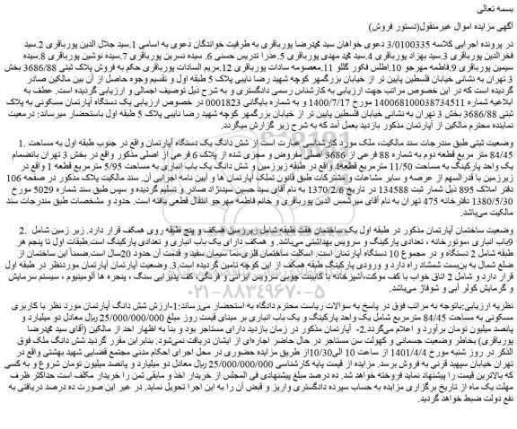 مزایده فروش شش دانگ یک دستگاه آپارتمان