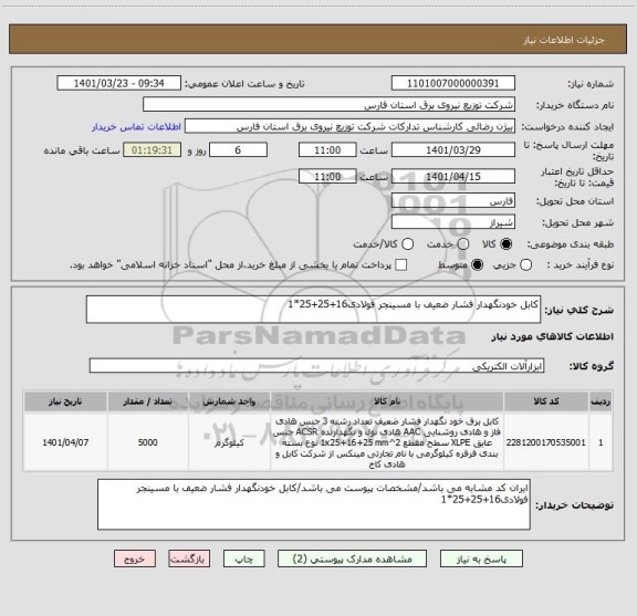 استعلام کابل خودنگهدار فشار ضعیف با مسینجر فولادی16+25+25*1