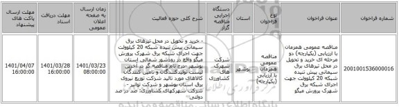 مناقصه، مناقصه عمومی همزمان با ارزیابی (یکپارچه) دو مرحله ای خرید و تحویل در محل  تیرهای برق سیمانی پیش تنیده شبکه 20 کیلوولت جهت اجرای شبکه برق شهرک پرورش میگو