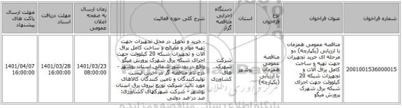 مناقصه، مناقصه عمومی همزمان با ارزیابی (یکپارچه) دو مرحله ای خرید تجهیزات جهت تهیه و ساخت کامل یراق آلات و تجهیزات شبکه 20 کیلوولت جهت اجرای شبکه برق شهرک پرورش میگو