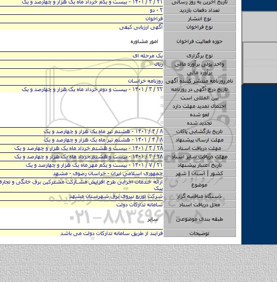 مناقصه, ارائه خدمات اجرایی طرح افزایش مشارکت مشترکین برق خانگی و تجاری در کاهش پیک