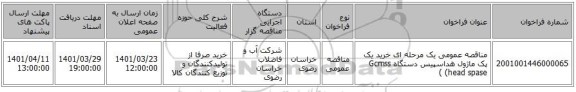 مناقصه، مناقصه عمومی یک مرحله ای خرید یک پک ماژول هداسپیس دستگاه Gcmss (head spase  )