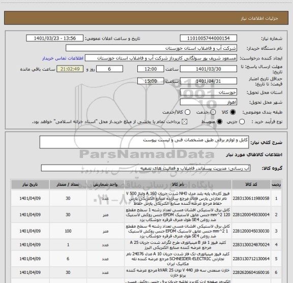 استعلام کابل و لوازم برقی طبق مشخصات فنی و لیست پیوست