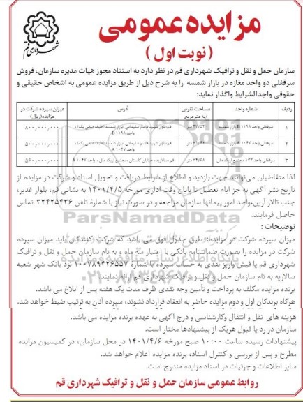 مزایده فروش سرقفلی دو واحد مغازه