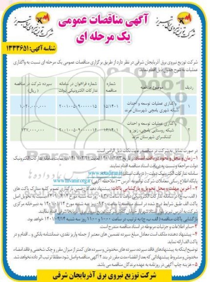 مناقصه واگذاری عملیات توسعه و احداث شبکه شهری یامچی...