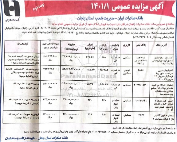 مزایده فروش املاک با کاربری مسکونی ، تجاری مسکونی نوبت دوم
