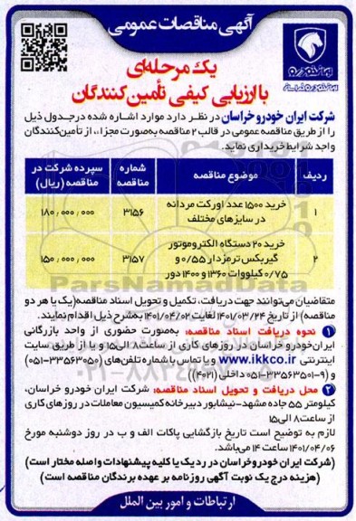 مناقصه خرید 1500 عدد اورکت مردانه در سایزهای مختلف ...