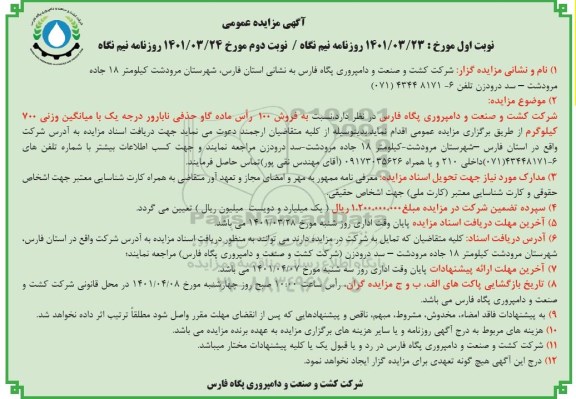 مزایده فروش 100 راس ماده گاو حذفی نابارور درجه یک با میانگین وزنی 700 کیلوگرم نوبت دوم 