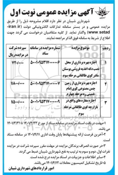 مزایده اجازه بهره برداری از محل نصب دکه اغذیه فروشی ...
