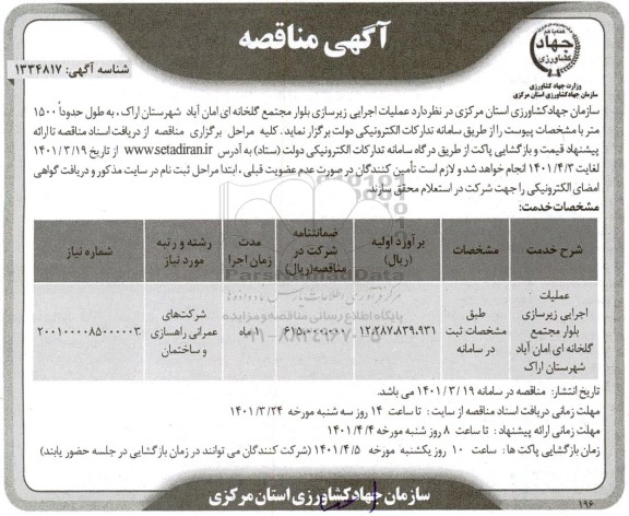 مناقصه عملیات اجرایی زیرسازی بلوار مجتمع گلخانه ای