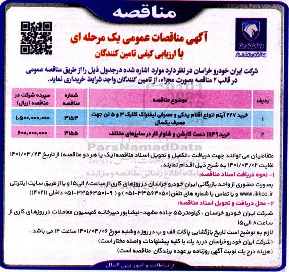 مناقصه خرید 277 آیتم انواع اقلام یدکی و مصرفی لیفتراک....