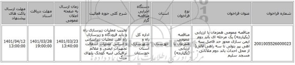 مناقصه، مناقصه عمومی همزمان با ارزیابی (یکپارچه) یک مرحله ای باند دوم ایمن سازی محور حد فاصل سه اهی پیر بتولی تا سه راهی لالی( از محل احداث باند دوم ملاثانی - مسجد سلیم