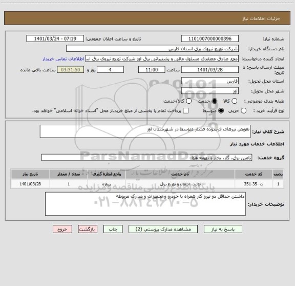 استعلام تعویض تیرهای فرسوده فشار متوسط در شهرستان اوز