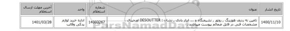 تامین نه ردیف هوزینگ , روتور , نشیمنگاه و ...  ابزار بادی ,  نشان : DESOUTTER اورجینال ، مشخصات فنی در فایل ضمائم پیوست میباشد .