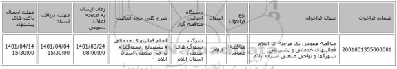 مناقصه، مناقصه عمومی یک مرحله ای انجام فعالیتهای خدماتی و پشتیبانی شهرکها و نواحی صنعتی استان ایلام