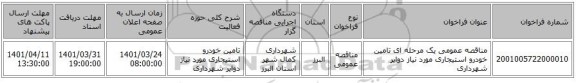 مناقصه، مناقصه عمومی یک مرحله ای تامین خودرو استیجاری مورد نیاز دوایر شهرداری