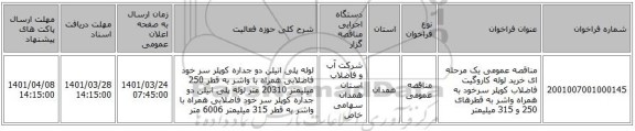 مناقصه، مناقصه عمومی یک مرحله ای خرید لوله کاروگیت فاضلاب کوپلر سرخود به همراه واشر به قطرهای 250 و 315 میلیمتر