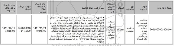مناقصه، مناقصه عمومی یک مرحله ای احداث مخزن 10000 مترمکعبی آزاد همدان