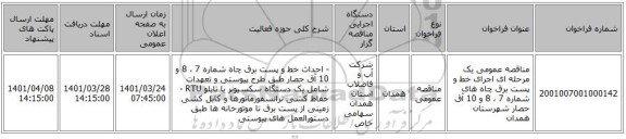 مناقصه، مناقصه عمومی یک مرحله ای اجرای خط و پست برق چاه های شماره 7 ، 8 و 10 آق حصار شهرستان همدان