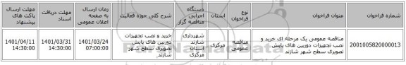 مناقصه، مناقصه عمومی یک مرحله ای خرید و نصب تجهیزات دوربین های پایش تصویری سطح شهر شازند