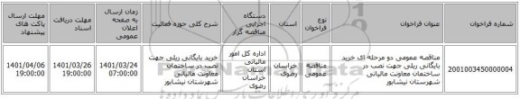 مناقصه، مناقصه عمومی دو مرحله ای خرید بایگانی ریلی جهت نصب در ساختمان معاونت مالیاتی شهرستان نیشابور
