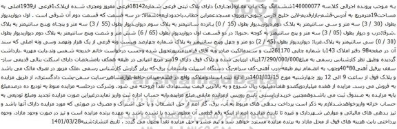 آگهی مزایده ششدانگ یک باب مغازه(تجاری) دارای پلاک ثبتی فرعی شماره18142فرعی مفروز ومجزی شده ازپلاک1فرعی از1939اصلی به مساحت19مترمربع