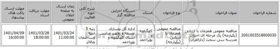مناقصه، مناقصه عمومی همزمان با ارزیابی (یکپارچه) یک مرحله ای احداث  مدرسه سی سخت (دارالقرآن)