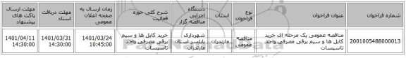 مناقصه، مناقصه عمومی یک مرحله ای خرید کابل ها و سیم برقی مصرفی واحد تاسیسات