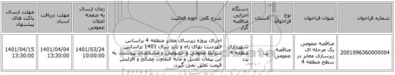 مناقصه، مناقصه عمومی یک مرحله ای زیرسازی معابر در سطح منطقه 4