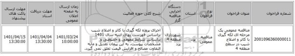 مناقصه، مناقصه عمومی یک مرحله ای لکه گیری با کاتر و اصلاح شیب در سطح منطقه 4