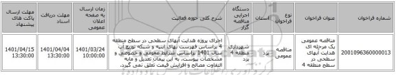 مناقصه، مناقصه عمومی یک مرحله ای هدایت آبهای سطحی در سطح منطقه 4