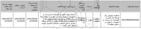 مناقصه، مناقصه عمومی یک مرحله ای تعمیر و نگهداری تاسیسات و تجهیزات شهری در سطح منطقه 4